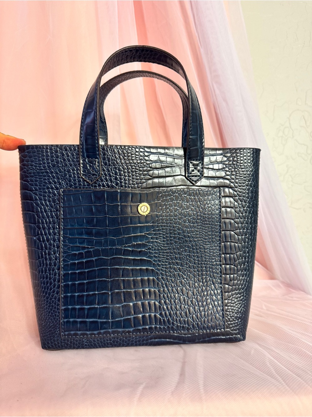 👜Kate Landry Deep Navy Croc Embossed Faux Leather Vegan Small Tote bag